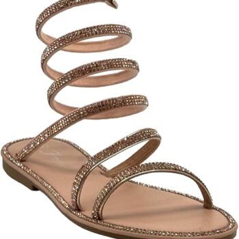 Fannie-199 Rhinestone Wrap-around Flat Strappy Flat Sandals-Rose-gold