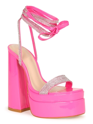 Gogo-8 Rhinestone Lace-up chunky Platform Round Open Toe Block Heel-Fuchsia