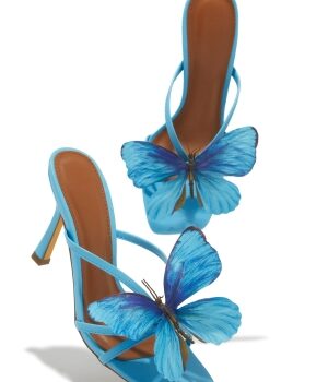 Lily Via-2 Full Butterfly Detail Open Square Toe Stiletto Heel-Blue