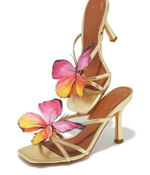 Via-2 Full Butterfly Detail Open Square Toe Stiletto Heel-Gold